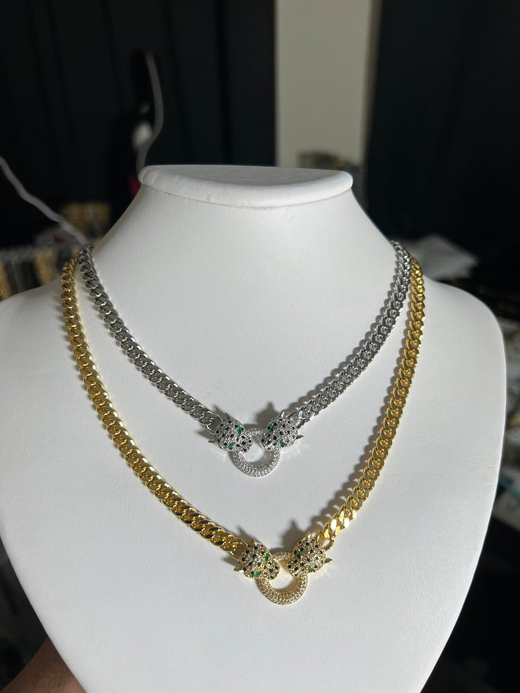 Double Panther CZ curb necklace